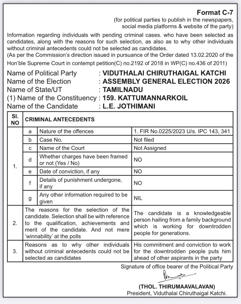 ECI Format C-7 Affidavit — L.E. Jothimani, Kattumannarkoil